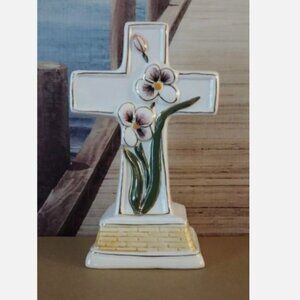 PORCELAIN 7" CROSS FIGURINE WITH FLORAL DECOR